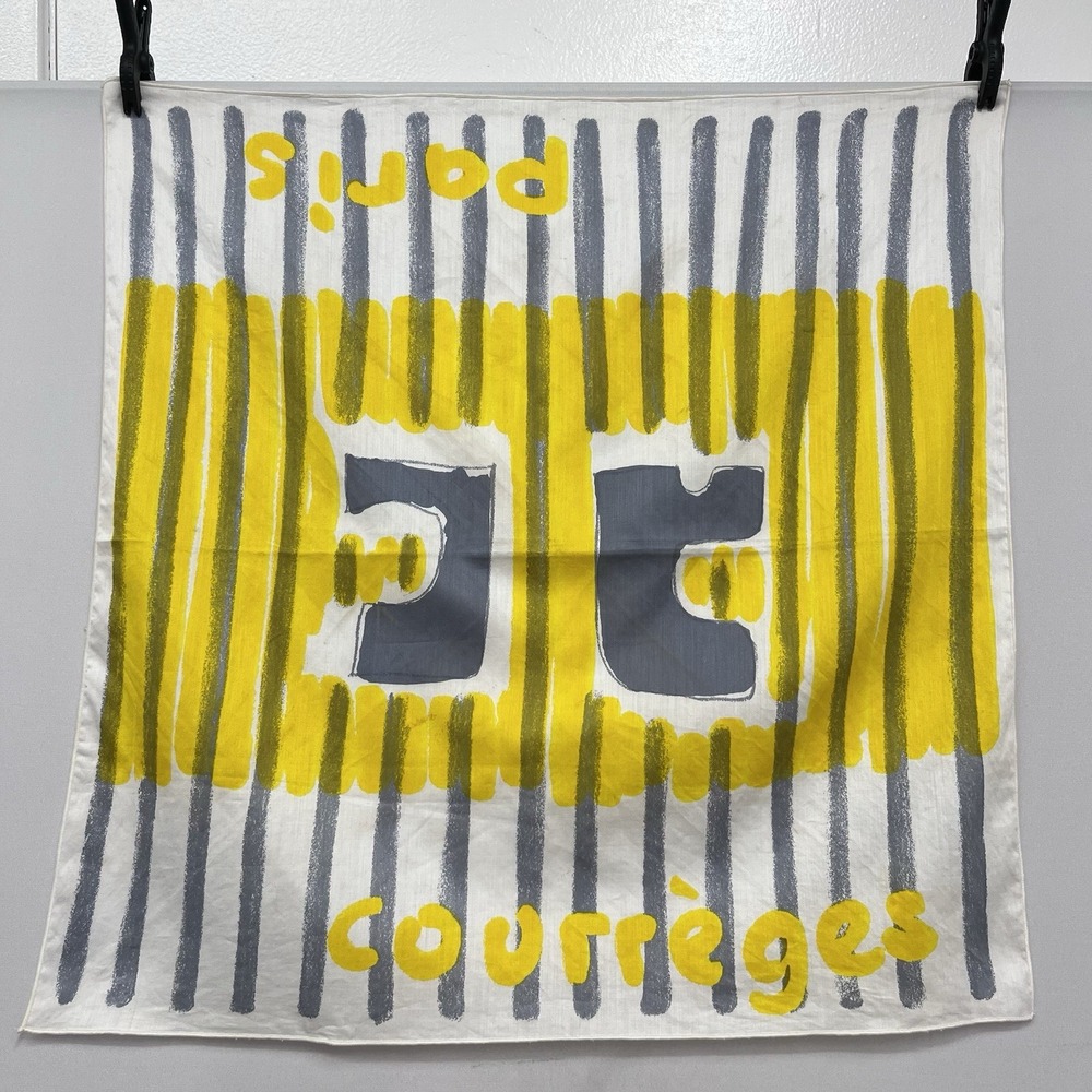 Vintage 1970's  Courreges Paris Scarf Yellow White & Gray 18‎ 3/4" by 19"
